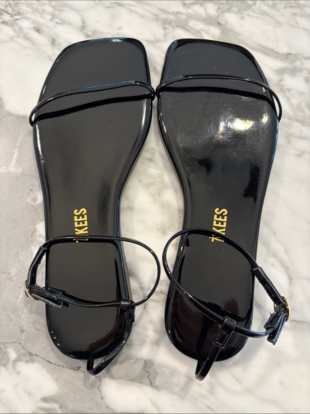 TKEES Square Toe Twiggy Black Patent Minimalist Strap Sandals